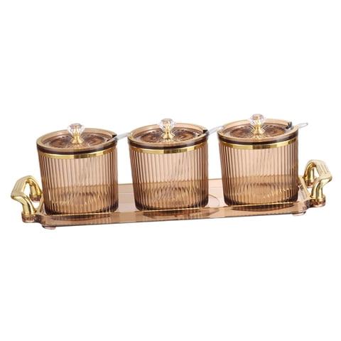 Bothyi - Juego De Botes Para Condimentos Simples Y Elegantes De 3 Piezas Con Tapa De Cuchara Y Base Marrón