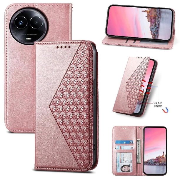 Funda Flip FOXDOCK para Realme 11 5G , Estilo Billetera con Diseño Rombo, Correa de Mano y Soporte, Uso Diario
