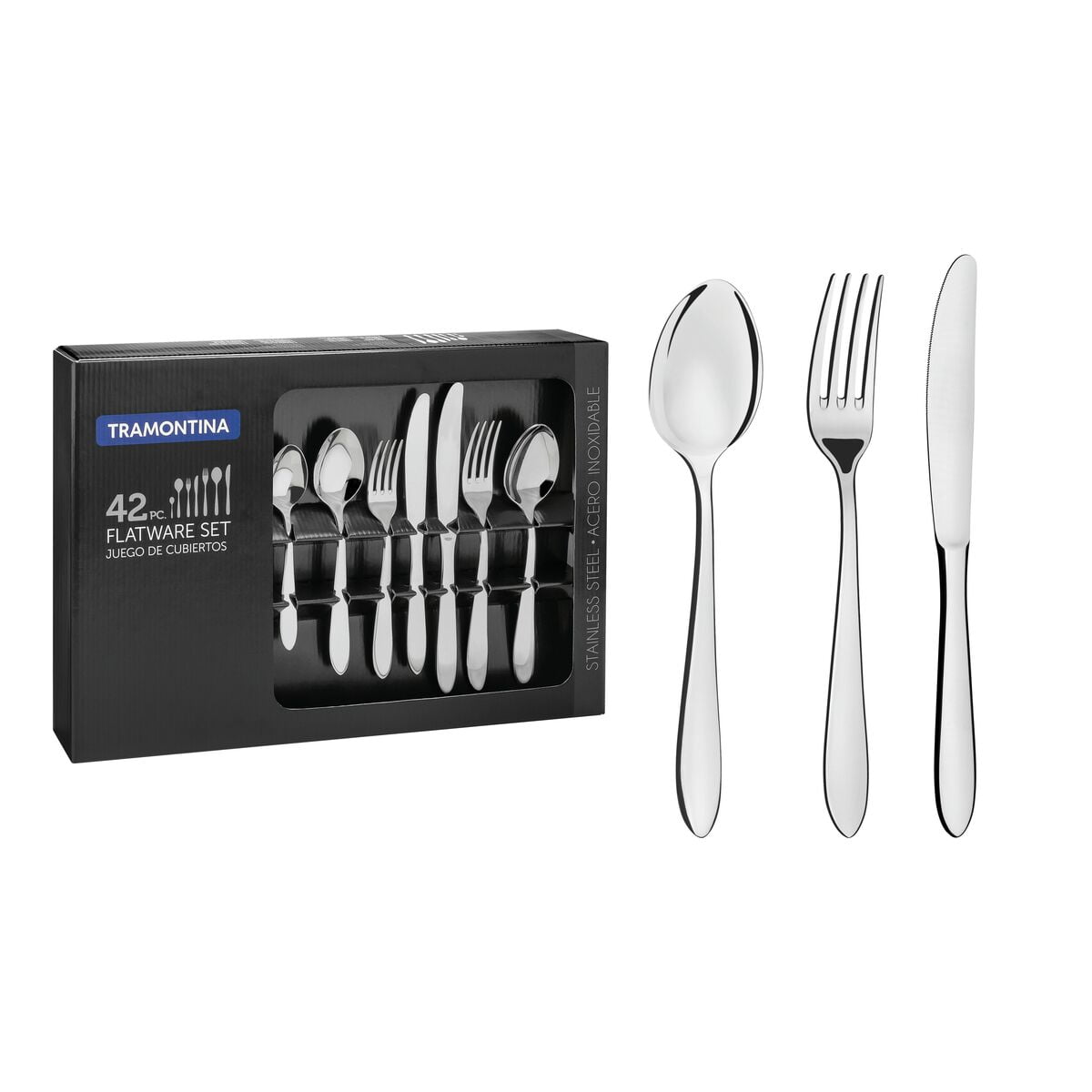 Juego De Cubiertos De 42 Piezas Tramontina Satri De Acero Inoxidable Con Cuchillos De Mesa Y Terminación En Alto Brillo