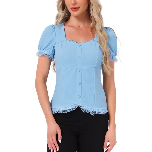 INSPIRE CHIC Camisa Victoriana para Mujeres Regreso a Clases Cuello de Corazón Manga Abullonada Halloween Blusa Gótica con Cordones L Azul Cielo