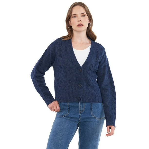 Sweater Mujer Cárdigan Trenzas Azul Marino Corona