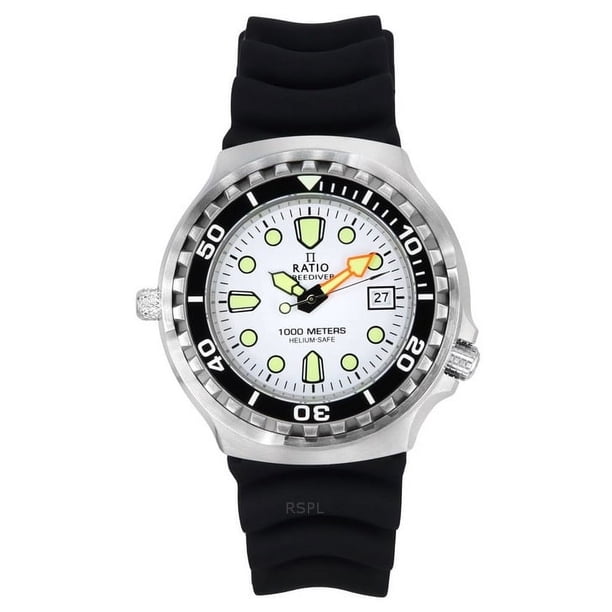 Reloj Ratio FreeDiver Versión 02 Helium Safe 1000M Zafiro Cuarzo Esfera Blanca para Hombre 1038EF102V-WHT-V02