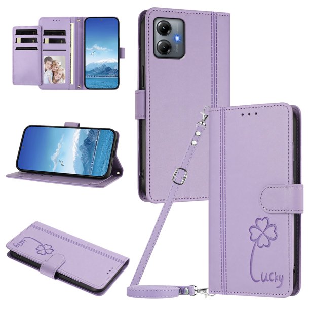 Funda Cartera Trébol para Motorola Moto G14 4G con Ranuras Tarjetas y Carga Inalámbrica Morado claro