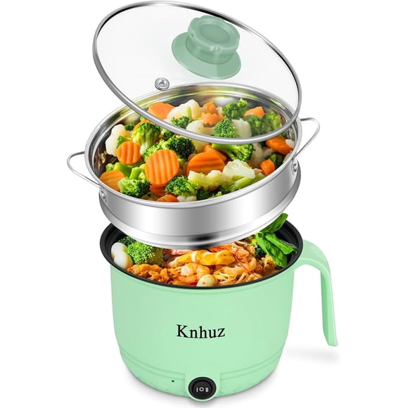 Olla eléctrica caliente con vaporizador, olla rápida de ramen, mini olla eléctrica de calentamiento automático portátil de 1.8 L para cocinar fideos, pasta de avena