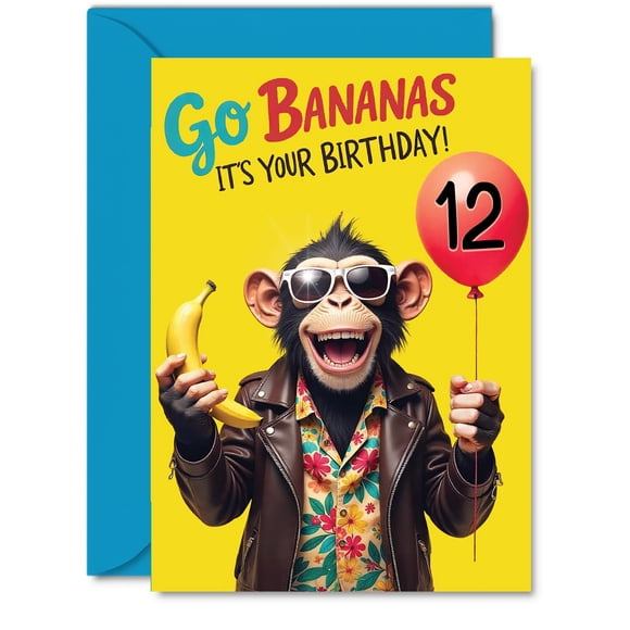 Tarjeta de cumpleaños Stuff4 para 12 cumpleaños de Monkey Go Bananas, tamaño A5