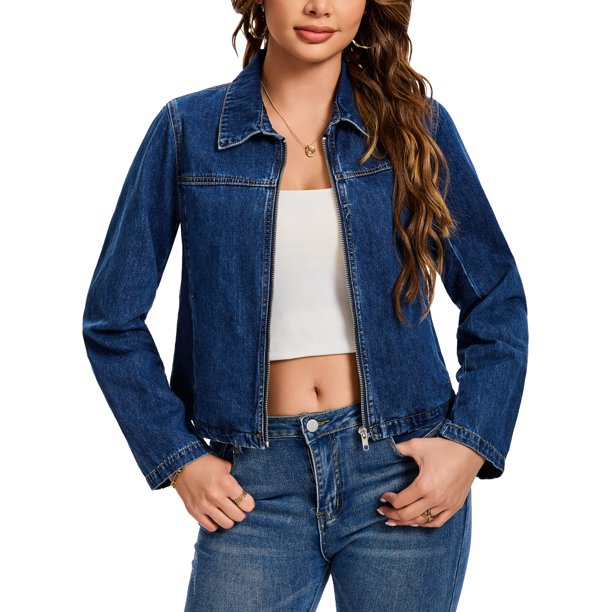 INSPIRE CHIC Chaqueta de Mezclilla Recortada con Cremallera para Mujer, Manga Larga, Estilo Bomber de Motocicleta, 2XL Azul Oscuro