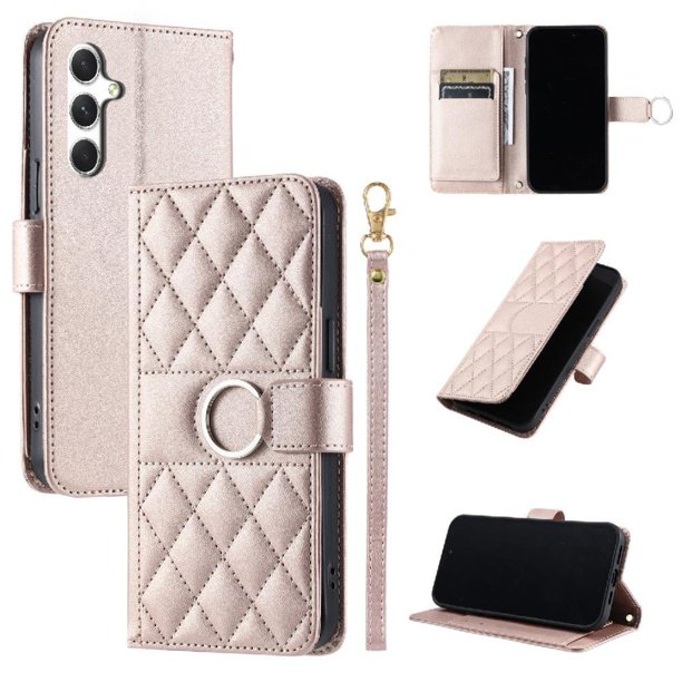 Funda Acolchada con Anilla y Correa para Samsung Galaxy S24 Slots para Tarjetas Oro rosa