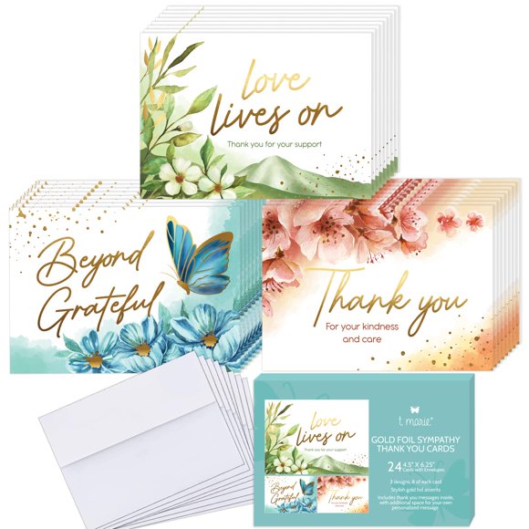Tarjetas funerarias de agradecimiento T MARIE 24 láminas doradas con sobres