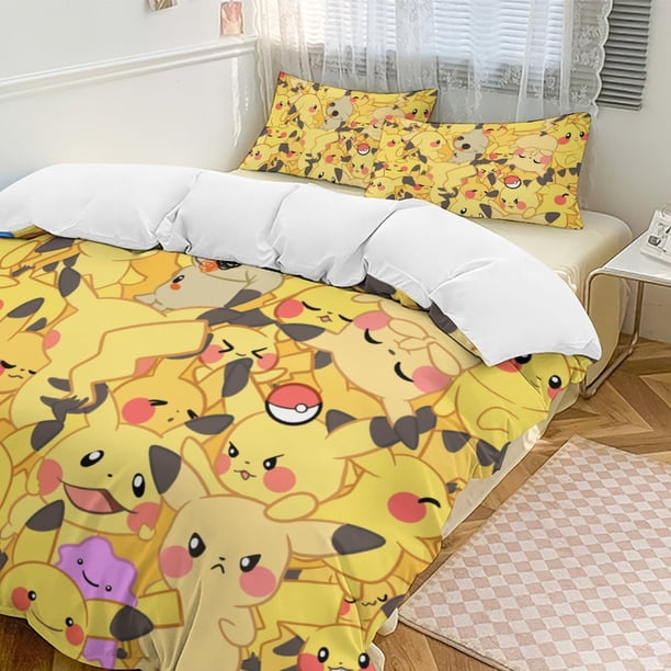 Pikachu Bed Duvet Cover Funny Anime Cartoon Bedding Sets Lightweight 3 Piece Comforter Sets
