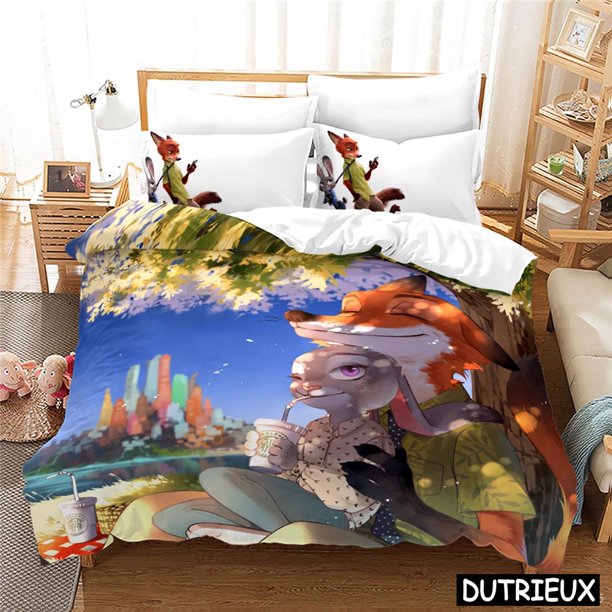 v2383 Bed Sheets Cartoon Zootopia Zootropolis Printed Bedding Set Queen King Size Duvet Cover Set Soft Comforter Cover & Pillowcase Set 3-Piece Bedding Set (1 Duvet Cover + 2 Pillow Shams) Bed Sheets