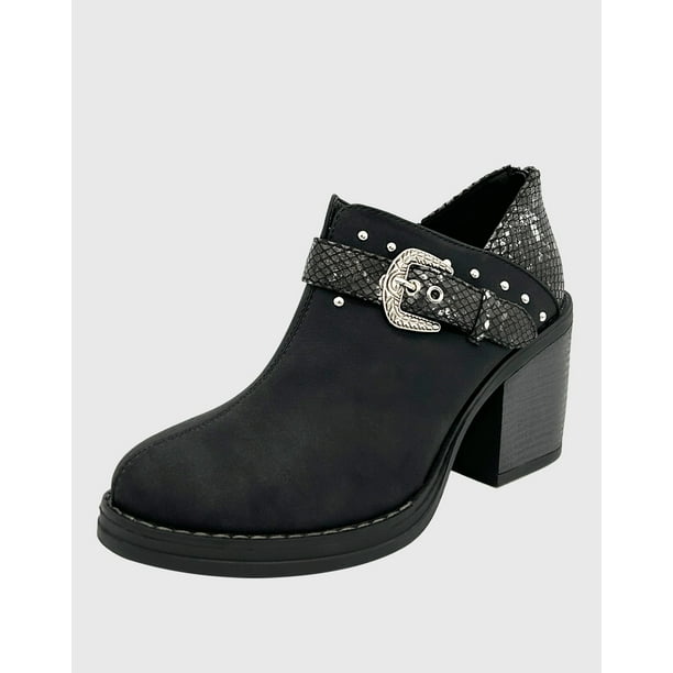 Botin para mujer con taco y hebilla campera Negro Danicolle