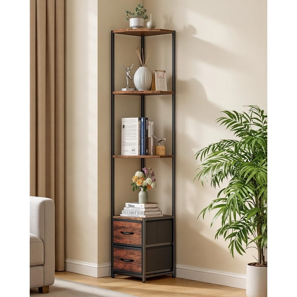 Estantería de esquina Housolution de 6 niveles con cajón de tela color marrón