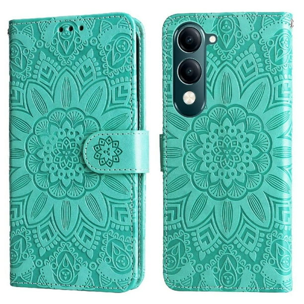 Funda tipo cartera FOXDOCK para Vivo Y04 , diseño girasol en relieve, cuero PU, cierre magnético, soporte y tarjetero