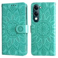 Funda Tipo Cartera Foxdock Para Vivo Y04 , Diseño Girasol En Relieve, Cuero Pu, Cierre Magnético, Soporte Y Tarjetero