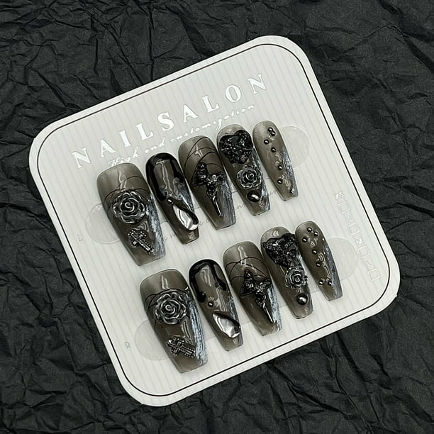 10pcs Dark Style Handmade Press On Nails Black Fake Nails With 3D Camellia Cross Heart Rhinestone Design, Glossy Long Coffin Shape Punk Style False Nails For Women Girls