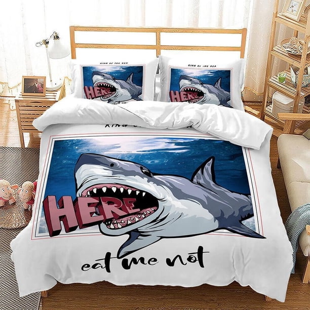 Cartoon Shark Attack Stripes Print Quilt Duvet Cover Set Children Queen3-Piece Bedding Set