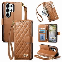 Funda Tipo Cartera Foxdock Para Samsung Galaxy S26 Ultra, Estampado De Diamantes, Con Ranuras Para Tarjetas, Soporte Y Cremallera - Marrón