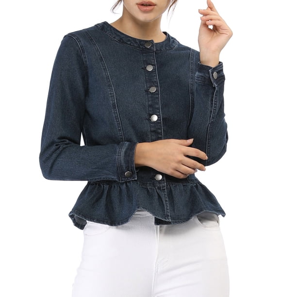 INSPIRE CHIC Chaquetas de Mezclilla para Mujer con Botones, Dobladillo Peplum, Mangas Largas, Chaquetas de Jean Cortas Azul M