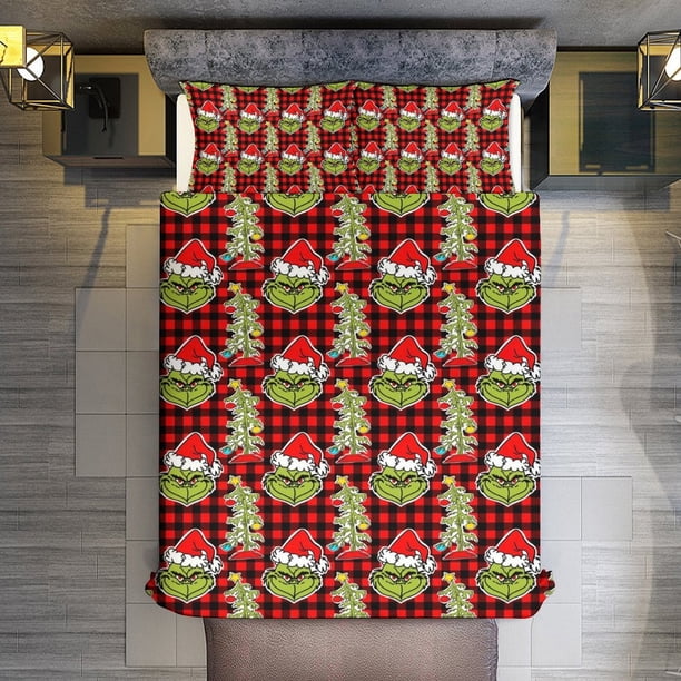 Merry Christmas Grinch Red Black Checkered 3 Pieces Duvet Cover Set Full Size Super Soft Fade Resistant Microfiber