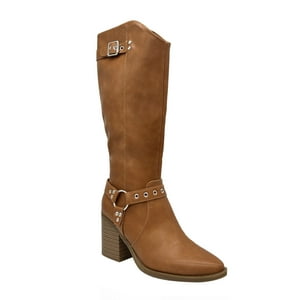 Danicolle Calzado - Bota De Mujer Color Cafe Caña Alta Con Hebilla Y Tachas