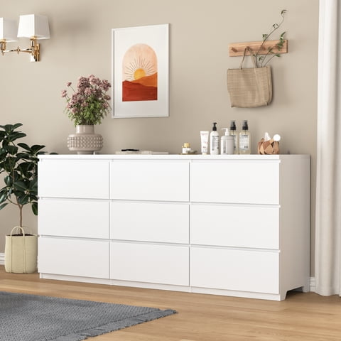 M&Ms - 9 Drawer Dresser With No Handle Design, Modern White Matte Wood Dresser For Bedroom, Storage Chest Of Drawers For Living Room, Hallway, Entryway