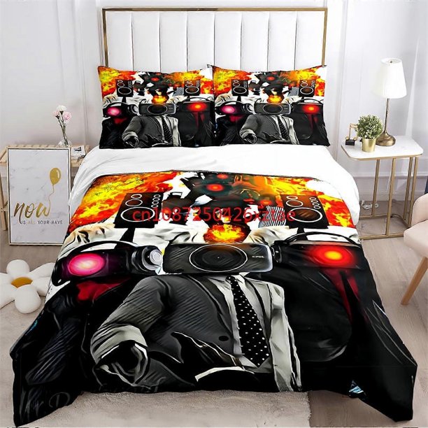 Skibidi toilet game logo bedding set duvet cover set3 piece for kids and adul modern print-