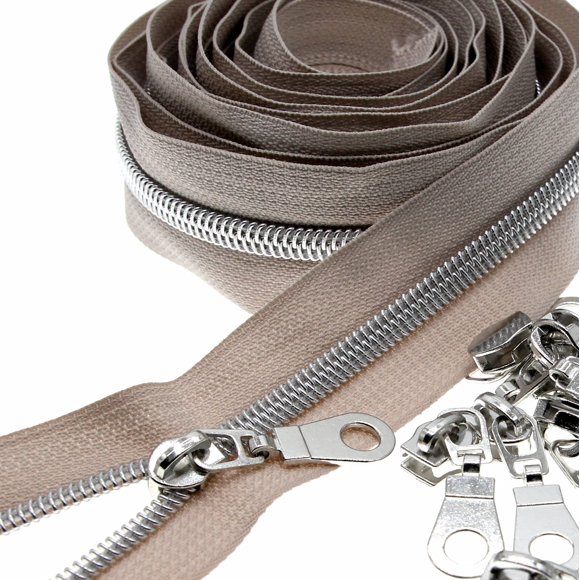 Bobina de nailon metálico Zipper Leekayer #5 con dientes plateados, 10 m, color beige