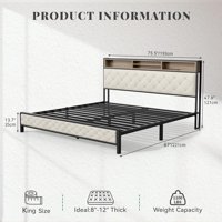 M&Ms - King Size Bed Frame, Platform Bed Frame With Charging Station, Upholstered Storage Headboard & Footboard Metal Slats Supports Mattress Foundation, No Box Spring Needed, Beige(No Drawers)