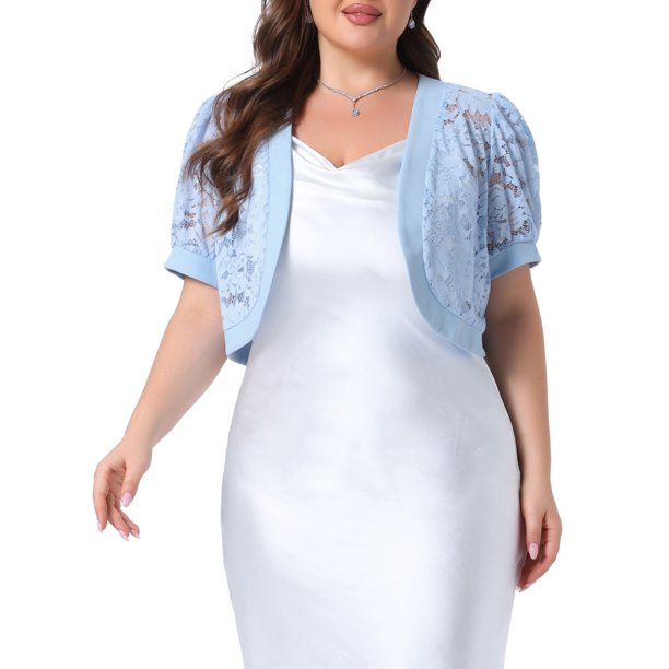 Agnes Orinda Women's Plus Size Chaquetas Cortas Abiertas de Manga Corta con Encaje Floral Transparente Boleros 1X Azul Cielo