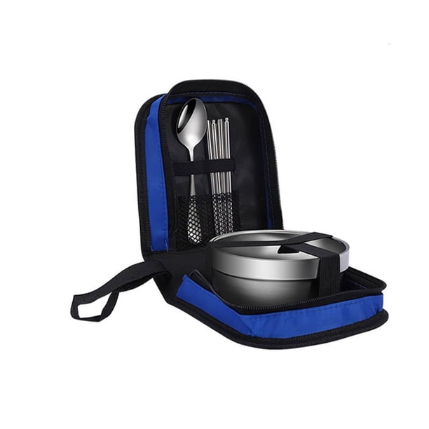 XmhyTop Camping Equipo de senderismo Camping Cuencas Placas de mesa al aire libre Portable Acero inoxidable Placas de mesa Bolsa de picnic Camping Turismo Conjunto de cubiertos de viajes Azul oscuro