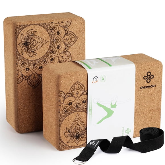 Bloques de yoga Overmont, 2 unidades, corcho natural con correa de 2,5 m