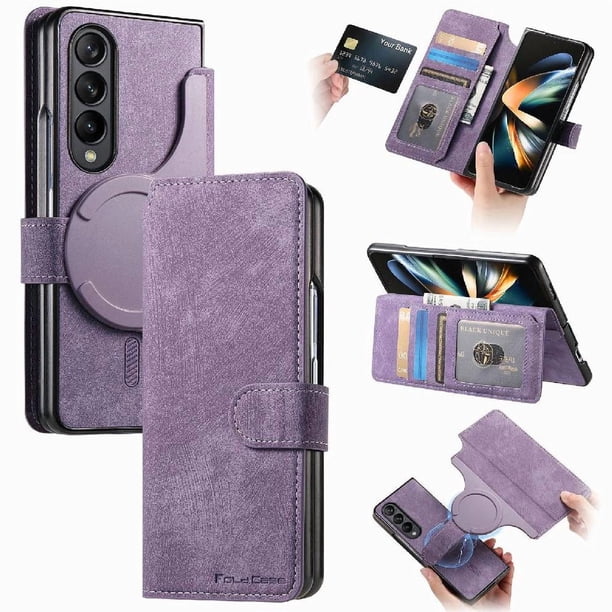 Funda Billetera Magnética para Samsung Galaxy Z Fold 3 Soporte Tarjetas Desmontable Morado
