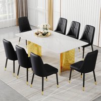 M&Ms - Table And Chair Set.The Table Has A Glass Top With Imitation Marble Pattern Stickers And Stainless Steel Golden Legs. Paried With 8 Chairs With Pu Artificial Leather Backrest Cushions.W1151S01565