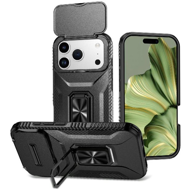 Funda Armada para iPhone 17 Pro Max con Tapa Deslizante y Soporte Magnético Giratorio Negro