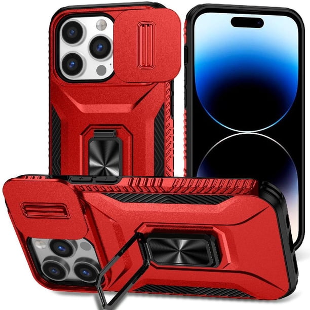 Funda Armada para iPhone 14 Pro Max con Tapa Deslizante y Soporte Magnético Giratorio Rojo