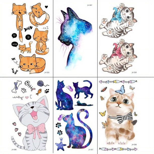 6pcs Tattoo Stickers, Cartoon Funny Colorful Cat Pattern , Disposable Temporary Tattoo