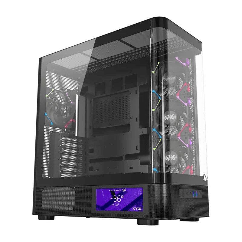 Xyz Pc Gear - Gabinete Gamer Xyz Quantum Pro, Vidrio Curvado, Pantalla Lcd, Incluye 4 Ventiladores Argb, Negro