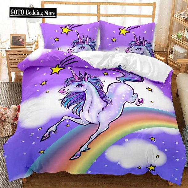 v289 Bed Sheets Pink Cartoon Unicorn Bedding Set Winter Duvet Cover Sets Reactive Printing Children's Birthday Gift Kids Adult Bedding Sets Twin 3-Piece Bedding Set (1 Duvet Cover + 2 Pillow Shams) Be