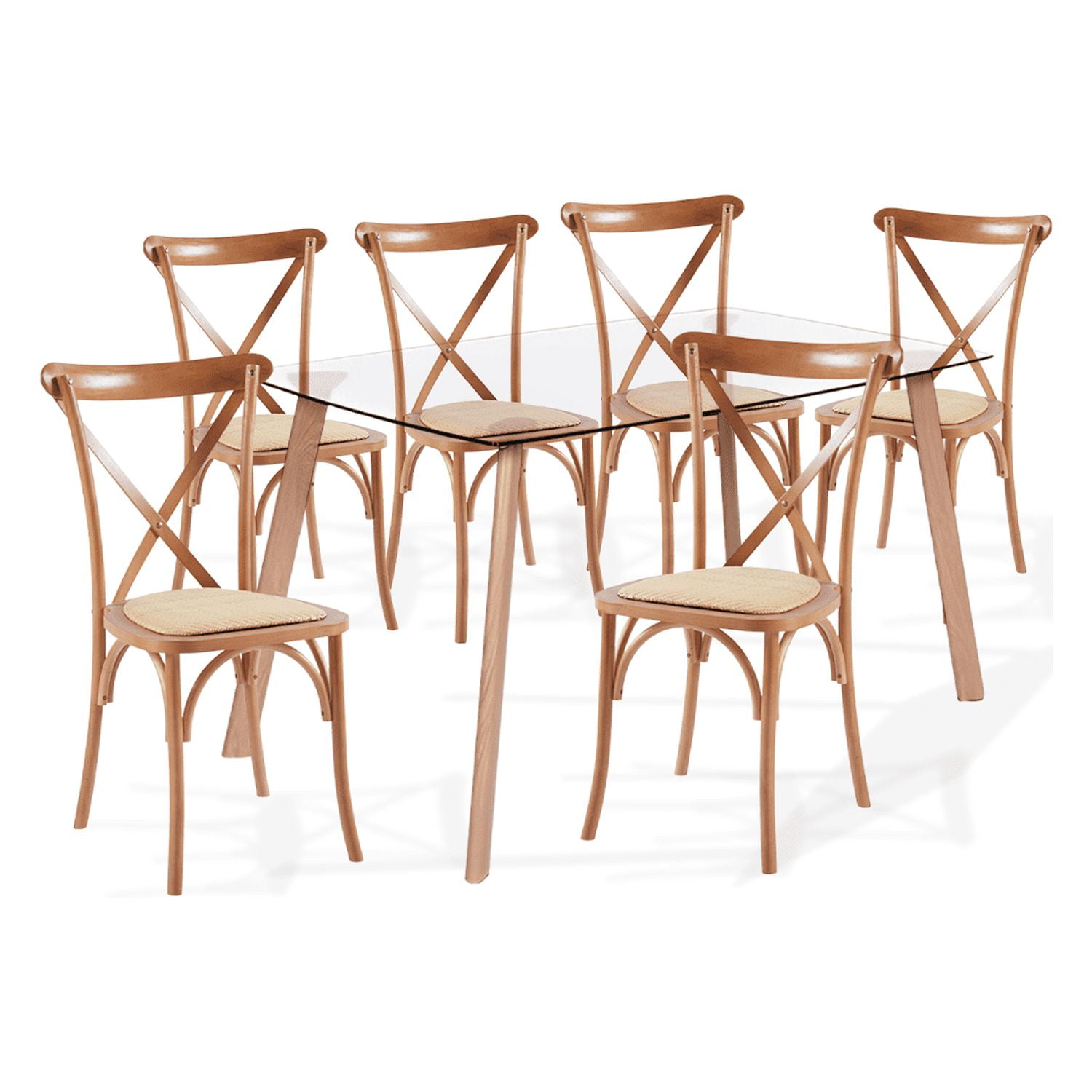 Klik Muebles - Comedor Mesa De Vidrio Nórdica 140x90 Cm + 6 Sillas Crossback Madera
