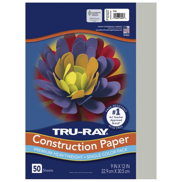 Papel de construcción PACON Tru-Ray, gris pesado, 9 x 12, 50 hojas