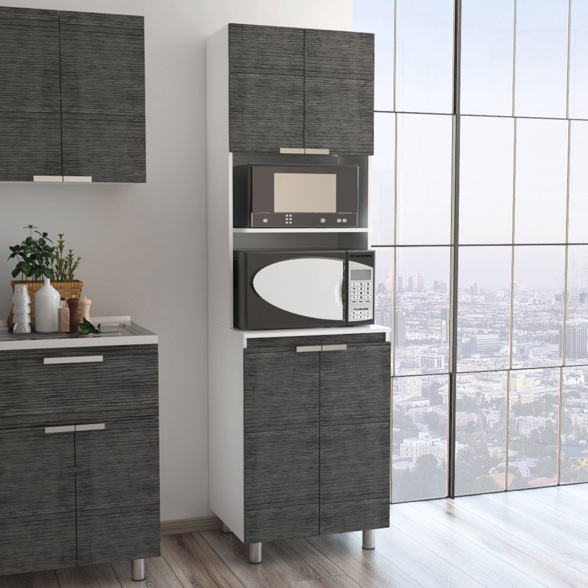 Tuhome - Mueble Para Microondas Fendi 205x60x51,3 Cm Gris Y Blanco