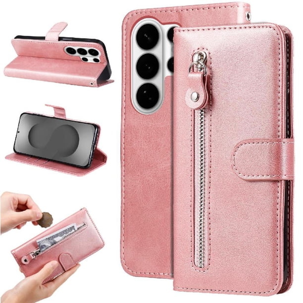 Funda tipo cartera para Samsung Galaxy S26 Ultra con bolsillo con cremallera y ranuras para tarjetas – Función de soporte Rosa