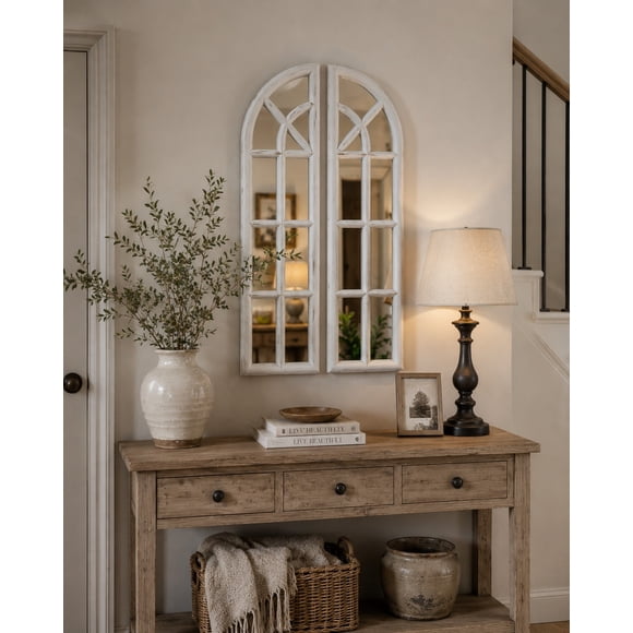 Espejo Ventana, Blanco Invierno, Envejecido Diptico 81x40 Cm