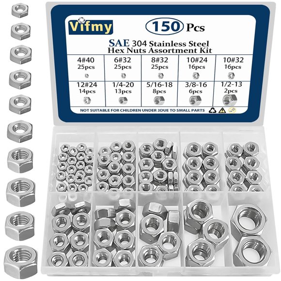 Kit de Tuercas Hexagonales Vifmy de Acero Inoxidable 304, 10 Medidas