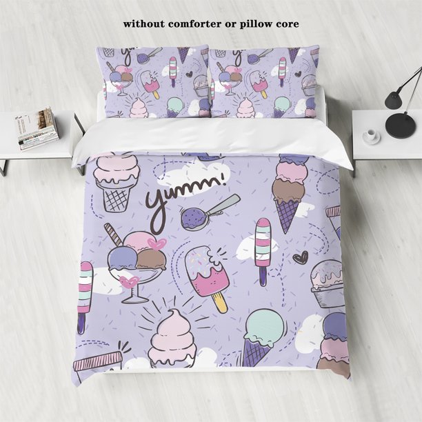 3 pieces of down set with purple ice cream pattern (1 down duvet cover+2 pillowcases, no core) Children's bedroom room bedding