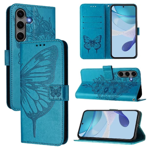 Funda Cartera Mariposa Para Samsung Galaxy S24 Plus Con Soporte Y Ranuras Para Tarjetas Azul