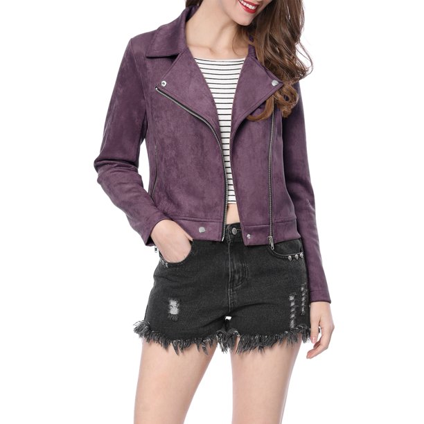 INSPIRE CHIC Chaqueta de motocicleta para mujer de ante sintético color sólido con cremallera asimétrica M Púrpura oscuro