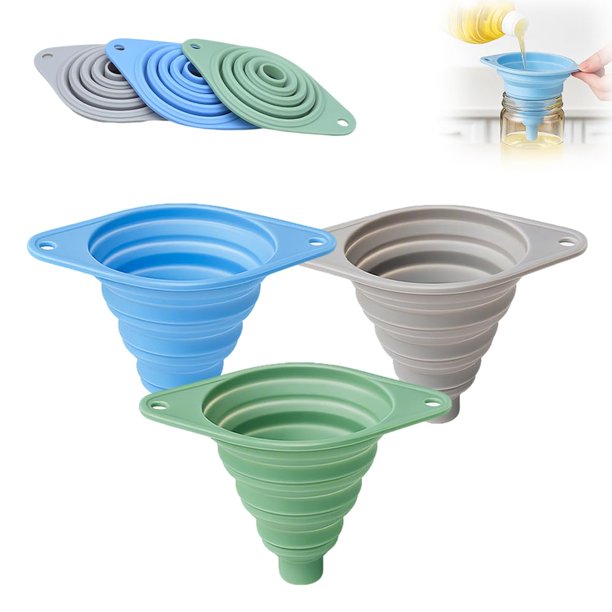 Set embudos cocina 3 pack silicona grado alimenticio plegables ahorro espacio fácil limpieza