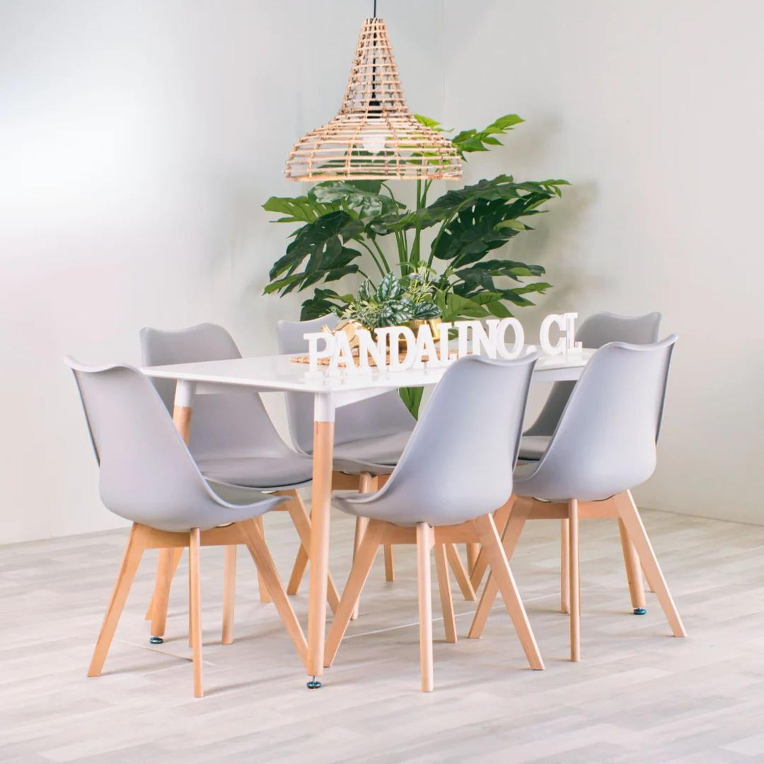 Pandalino - Comedor Mesa Rectangular Brunell 120x80 Blanca + 6 Sillas Tulip Gris