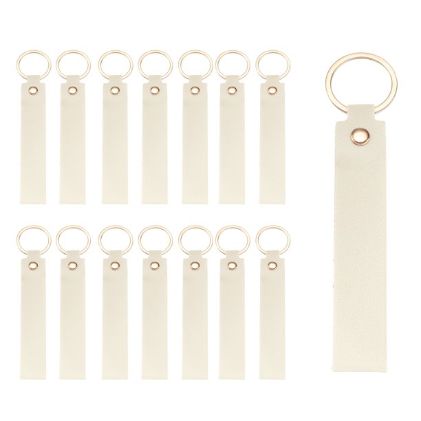 Uxcell 20 Pcs PU Cuero Llavero En Blanco A Granel Grabado Láser Llavero Cuero Llavero Kit con Anillos de Llave para Suministros de Bricolaje Regalos (Blanco Claro, 5.3" x 0.8")